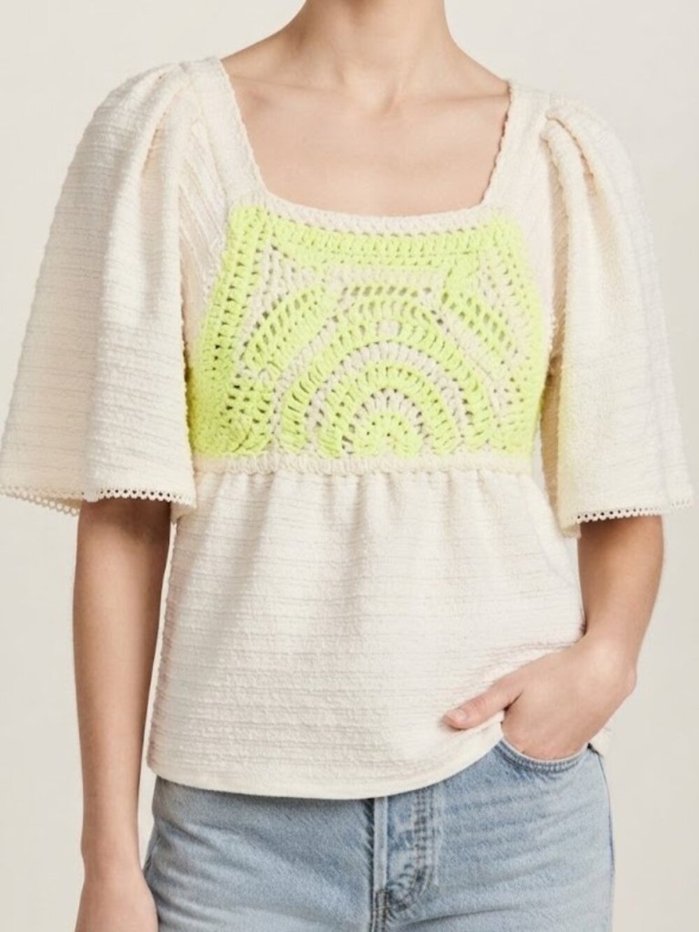 Dex White Top with Chartreuse Crochet Panel